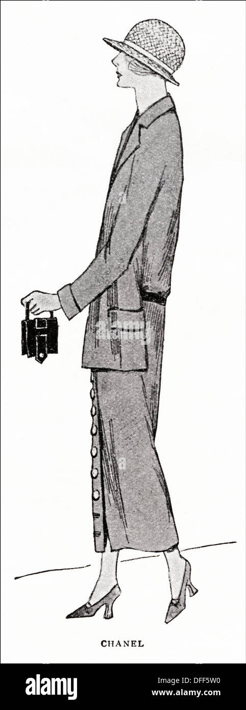 La mode garçonne des années 1920. Un morceau tailleur de tweed anglais coupe sur les lignes droites par créateur Chanel. Illustration originale d'un magazine de mode féminine vers 1924 Banque D'Images
