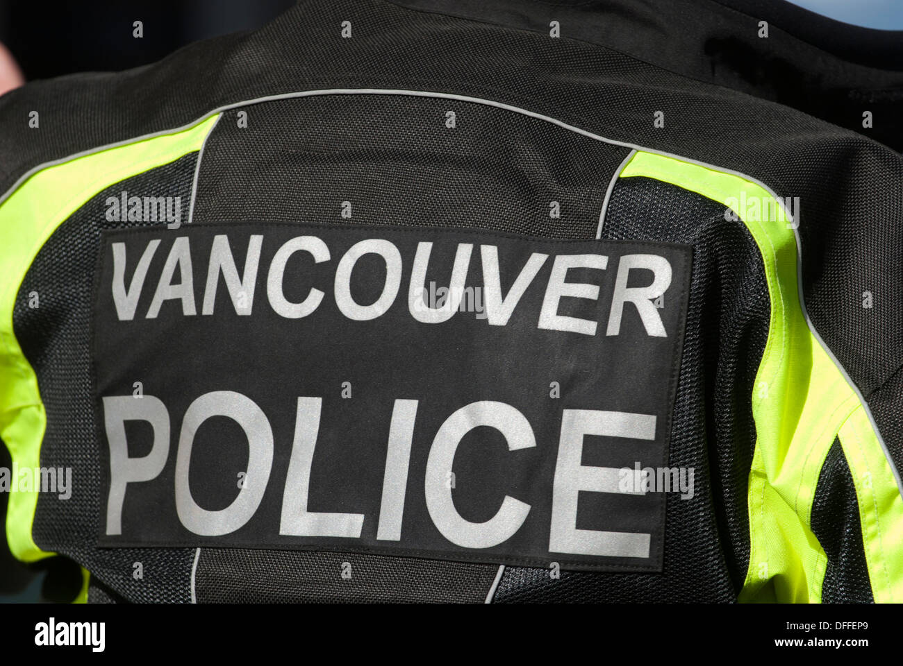 Dos de la veste de police de Vancouver. Banque D'Images