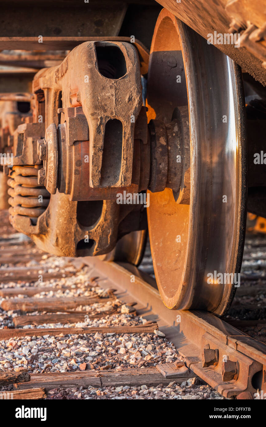 Roues de wagon de train de marchandises sur des voies de chemin de fer, Sterling, Colorado Banque D'Images