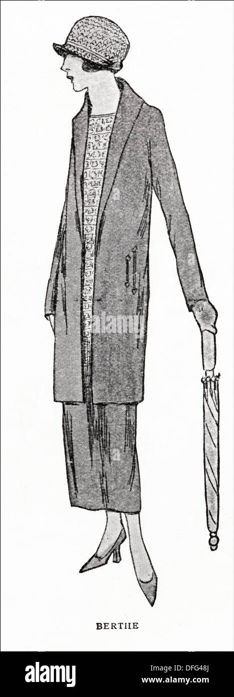La mode garçonne des années 1920. Veste longue ligne droite de l'alpaga par créateur Berthe. Illustration originale d'un magazine de mode féminine vers 1924 Banque D'Images
