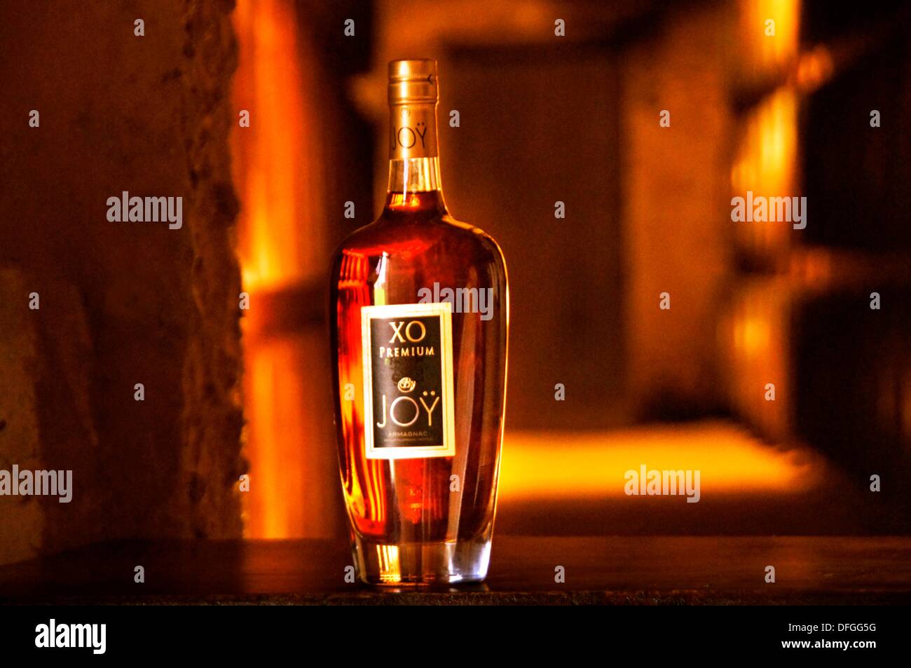 La célèbre bouteille d'Armagnac XO Premium, Domaine de Joÿ vins et armagnac estate, à Panjas, Gers, Midi-Pyrénées, France Banque D'Images