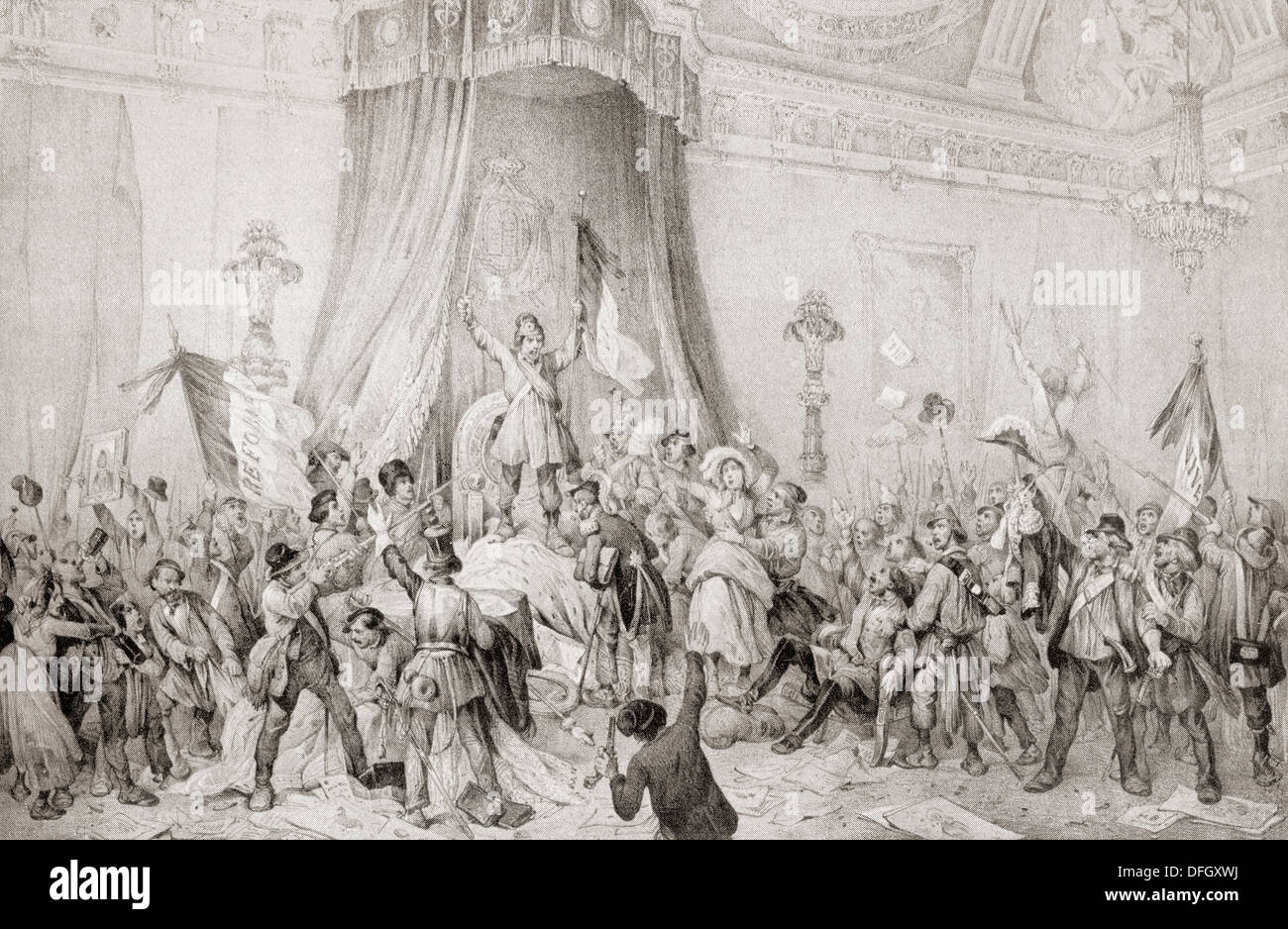 La révolution parisienne de 1848, la foule dans la salle du trône des Tuileries. Banque D'Images