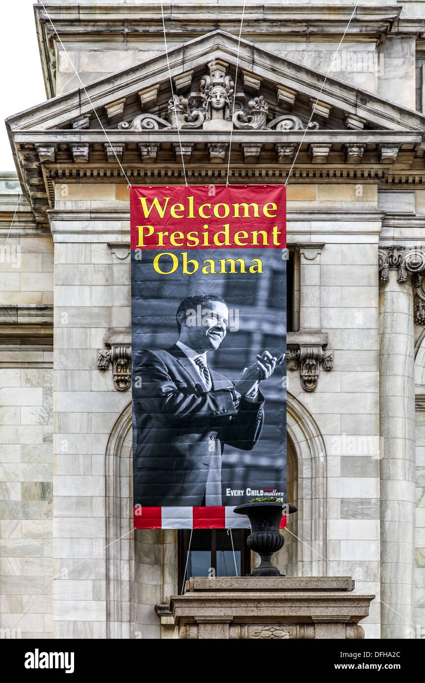Obama inauguration en 2009 Bienvenue sur pend la Bibliothèque publique de Washington pour célébrer le président historique Banque D'Images