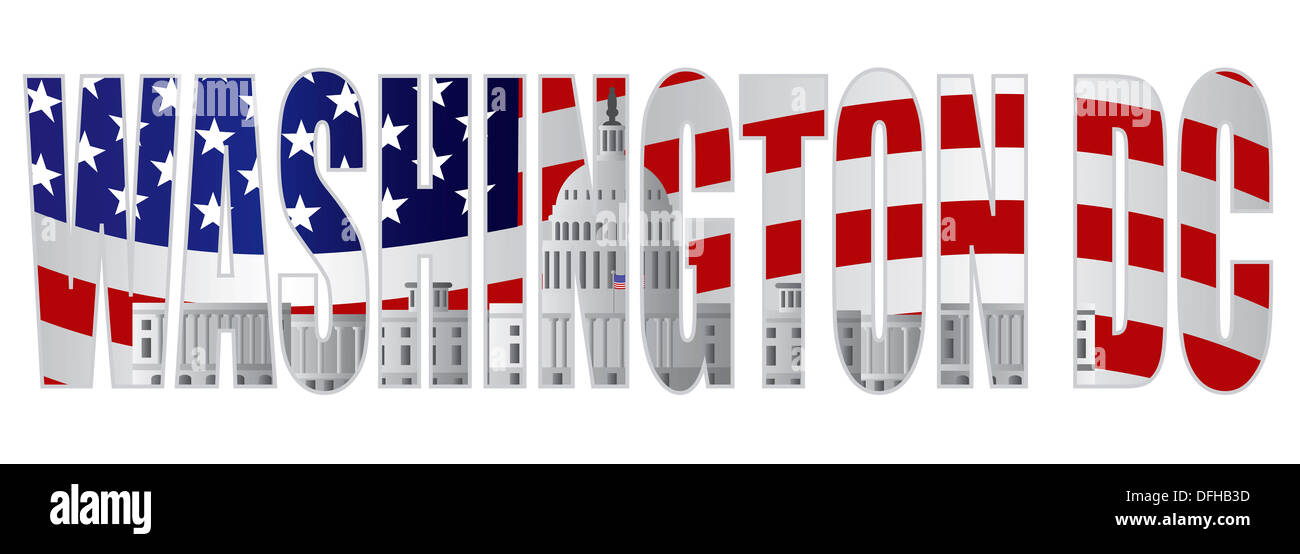 Washington DC avec Silhouette Contour Texte Capitole avec nous drapeau américain Illustration d'arrière-plan Banque D'Images