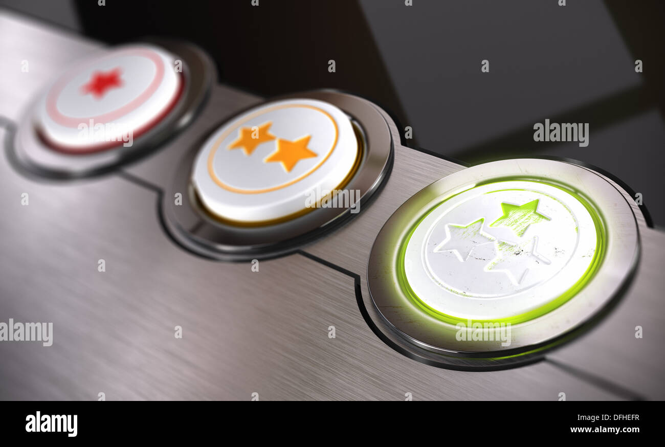 Commentaires de clients concept, basé sur stars de un à trois, le livre vert bouton de feedback est utilisé et rayé. Banque D'Images