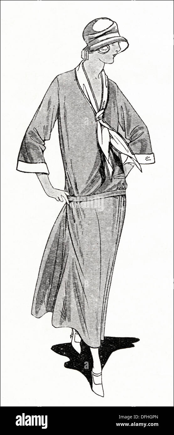 La mode garçonne des années 1920. La Poste en robe de soie lavage avec colorants avec jupe très rapide pour les vêtements de sport. Illustration originale d'un magazine de mode féminine vers 1924 Banque D'Images