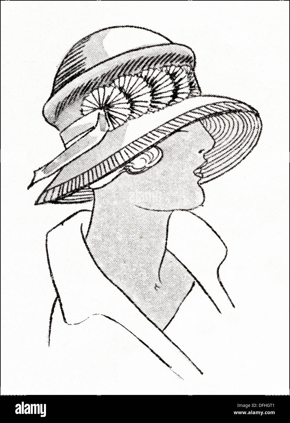 La mode garçonne des années 1920. Mail Order hat, ombragé dans la conception de champignons tagel fine garnie de paille plissé plein fans de crêpe de Chine. Illustration originale d'un magazine de mode féminine vers 1924 Banque D'Images