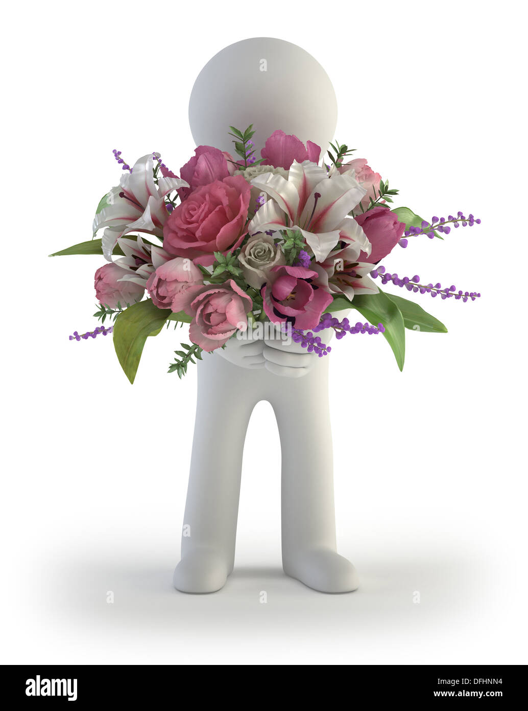 Un petit homme est titulaire d'un bouquet de fleurs Banque D'Images