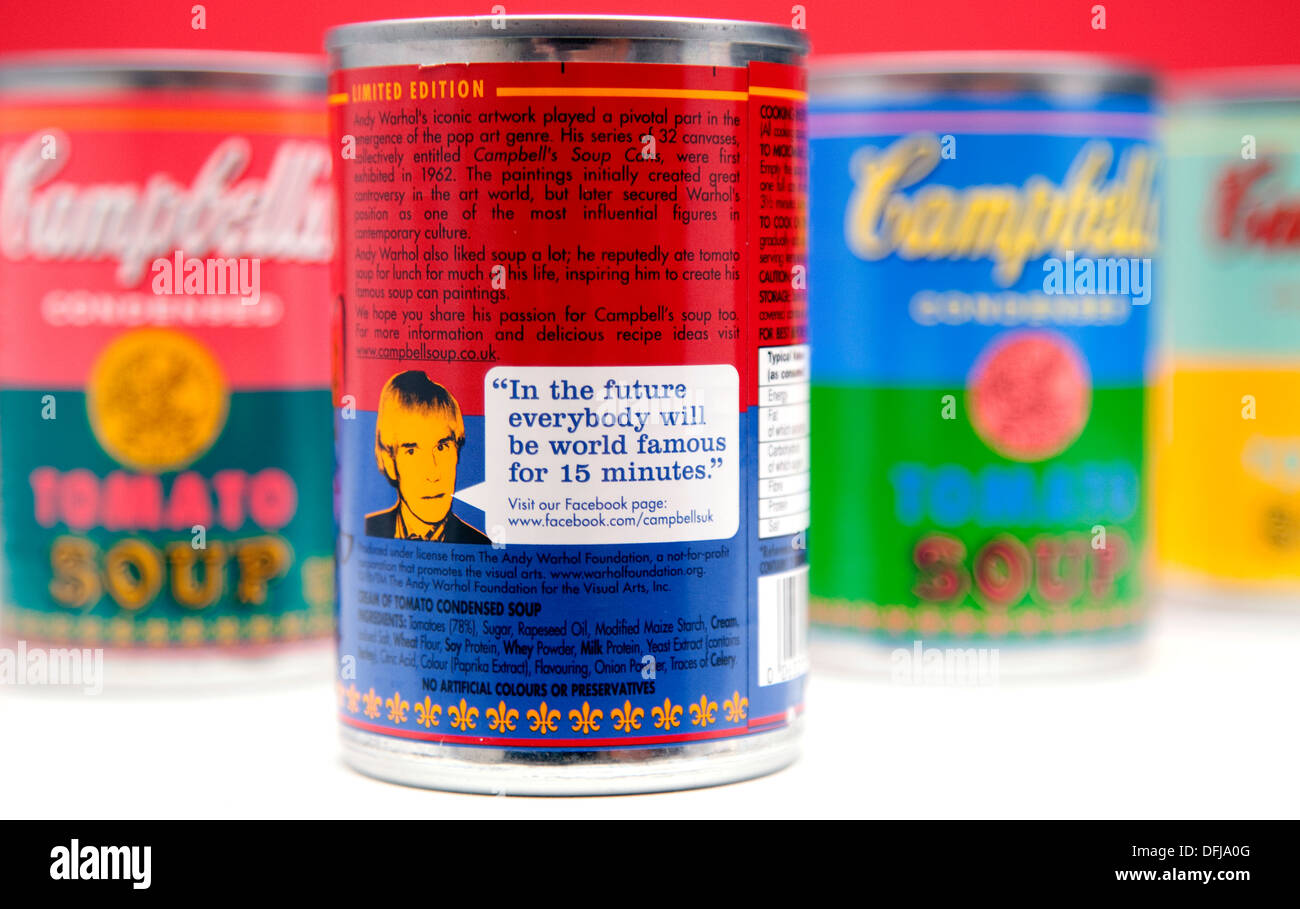 Limited Edition Campbell's Tomato Soup Cans inspiré par Andy Warhol des années 60, peintures, Londres avec son pour bien à propos de la renommée Banque D'Images
