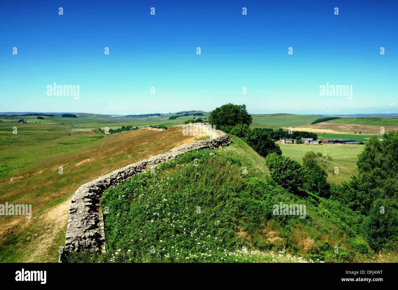 Vue sur le mur d'Hadrien dans le Northumberland, une structure romain winding à travers la campagne vallonnée Banque D'Images