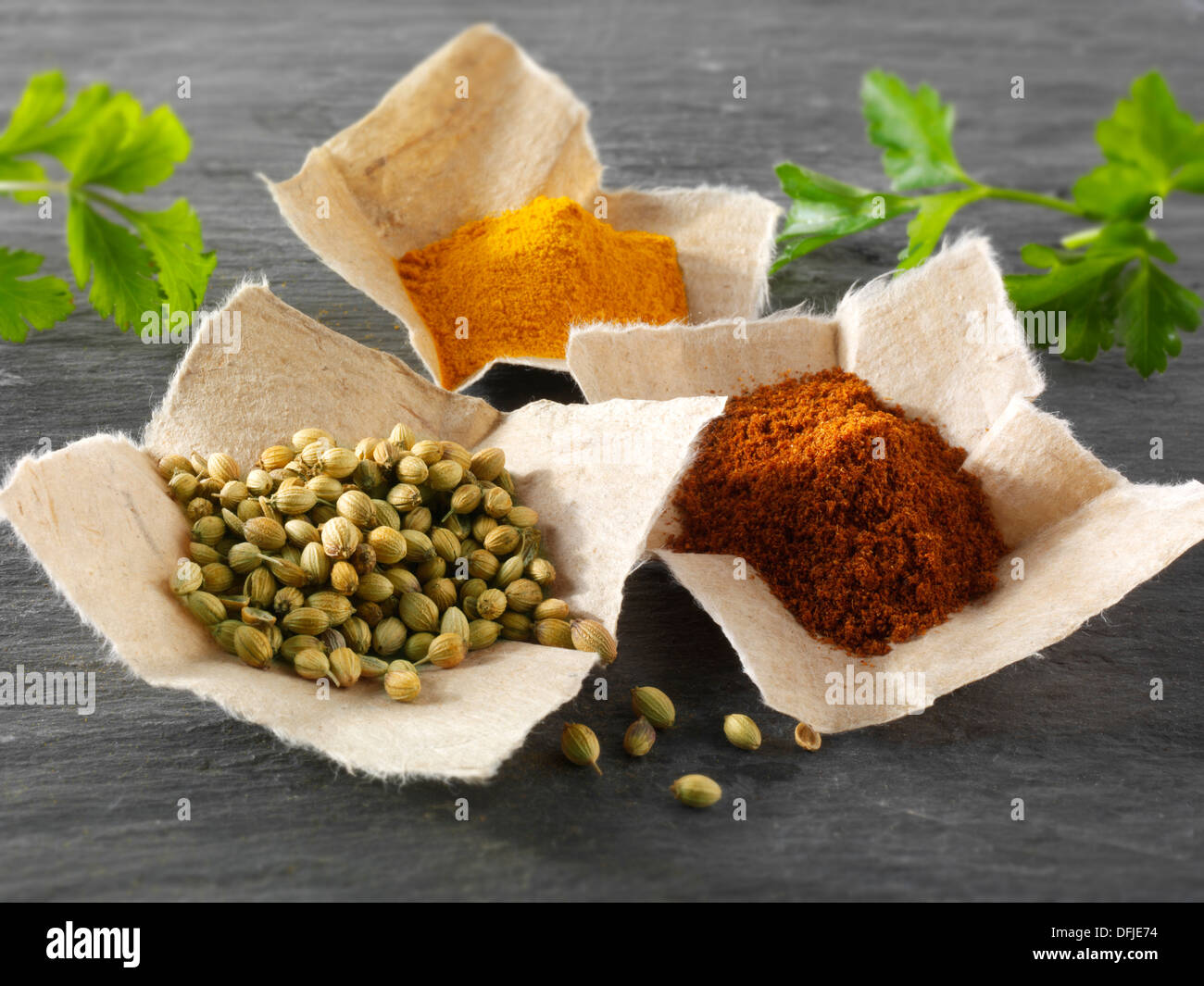 Les graines de coriandre, la poudre de chili et de masse curcuma épices indiennes Banque D'Images