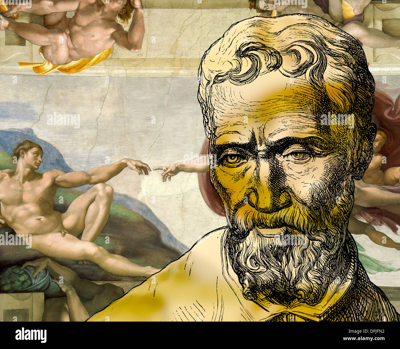 Création d'Adam, Michelangelo Buonarroti, 1475 - 1564, peintre, sculpteur, architecte et poète de la Renaissance Banque D'Images