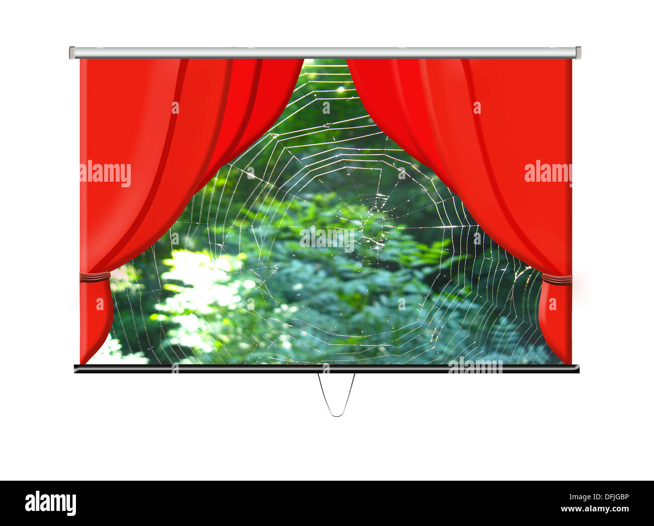 Écran avec des rideaux rouges et de belles sur le fond vert web Banque D'Images
