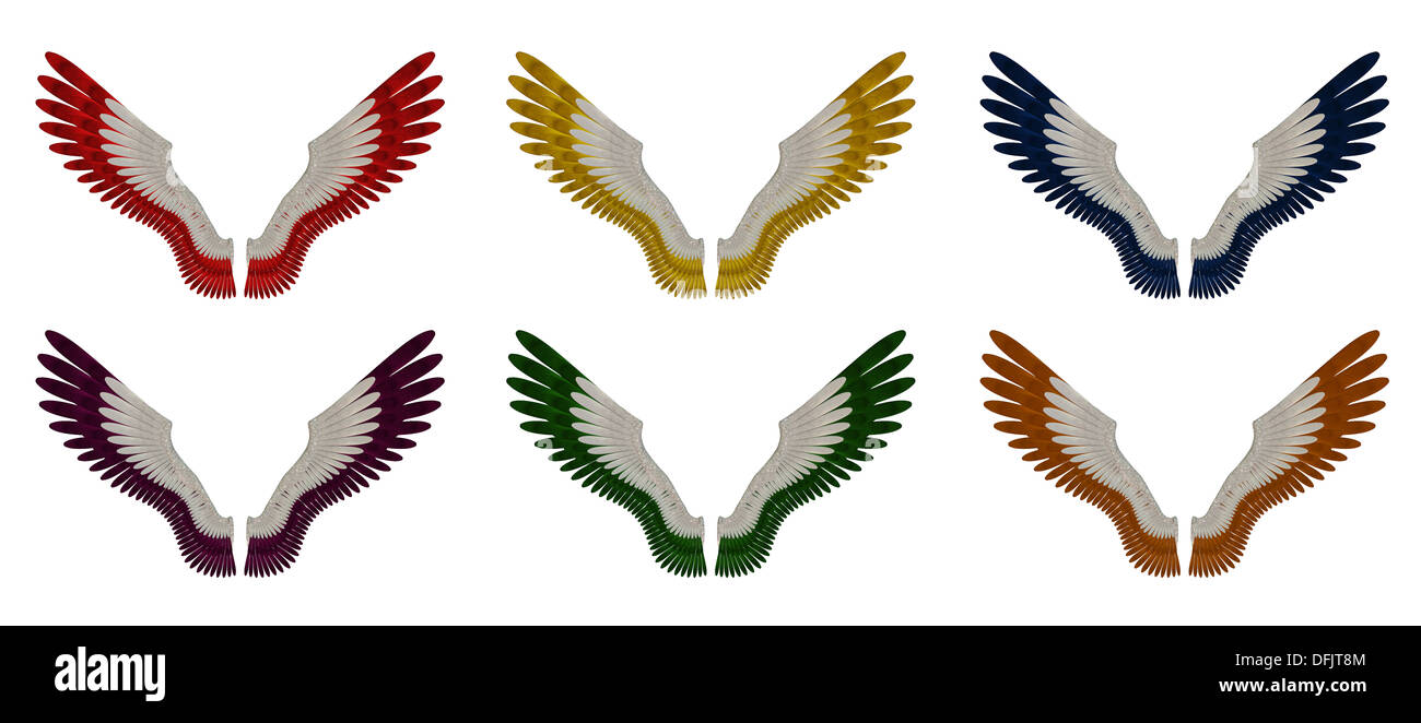 Illustration d'un pack de 6 ailes d'ange de couleur différente, rouge, jaune, orange, bleu, violet et vert, sur un fond blanc Banque D'Images