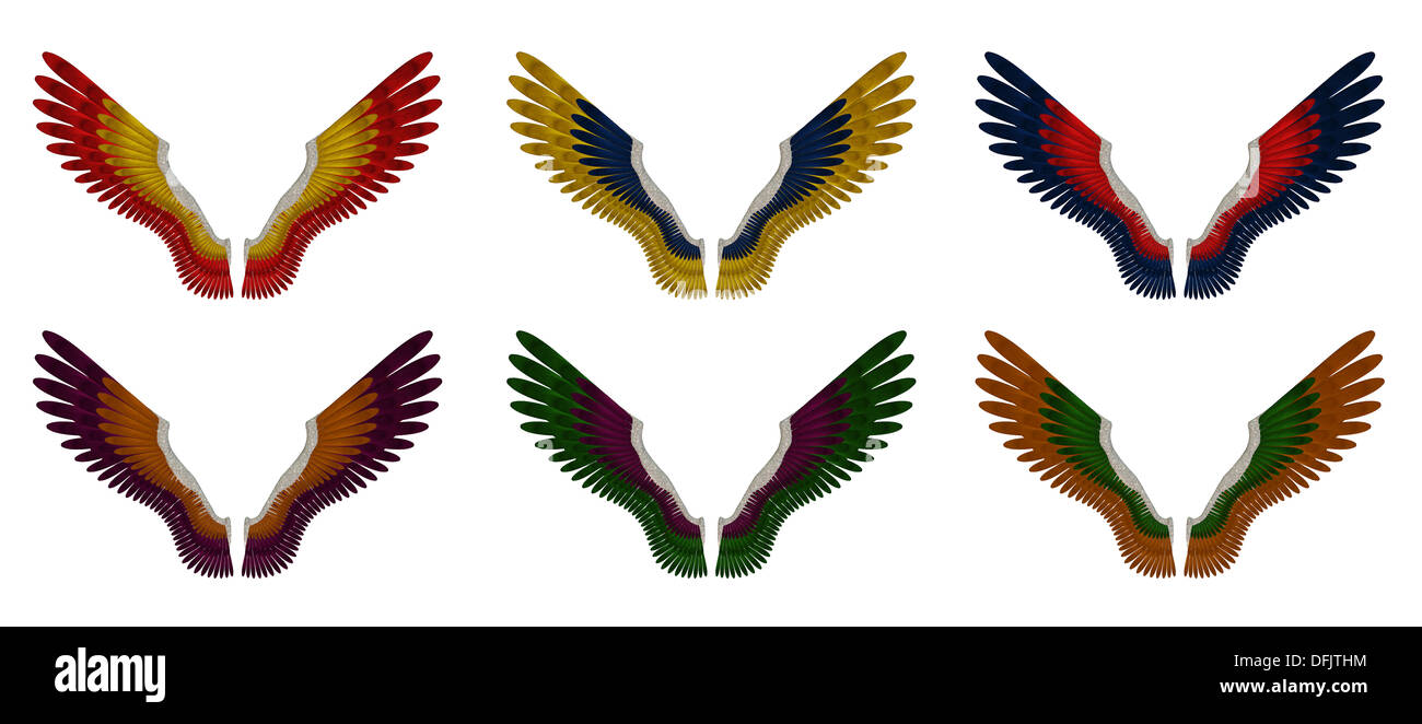Illustration d'un pack de 6 ailes d'ange de couleur différente, rouge, jaune, orange, bleu, violet et vert, sur un fond blanc Banque D'Images