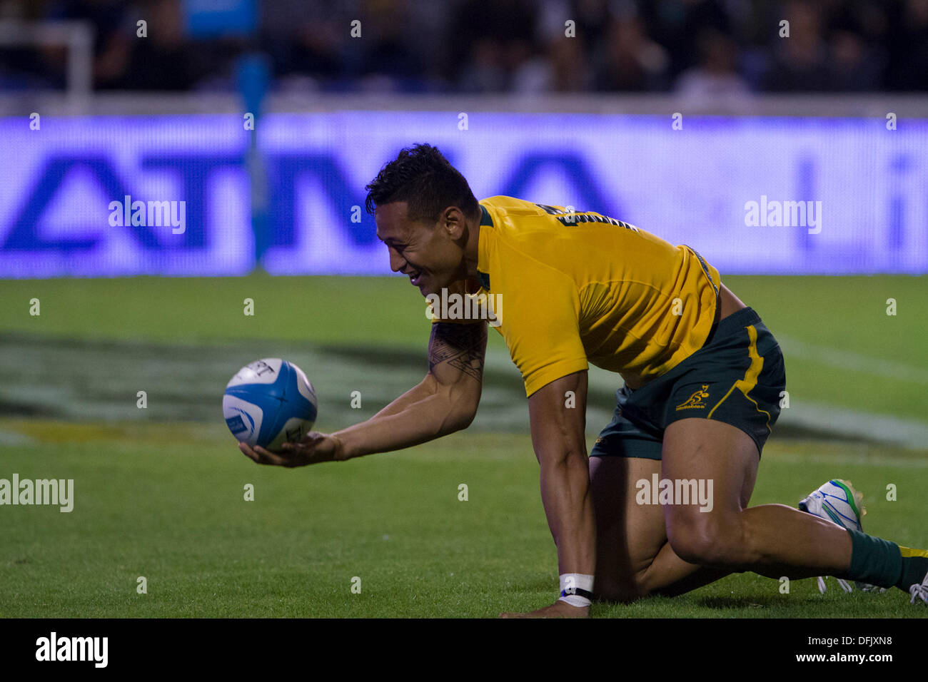 Rosario, Santa Fe, Argentine. 05Th Oct, 2013. Dispositif de championnat de rugby entre l'Argentine et l'Australie. L'Estadio Gigante de Arroyito. Christian Leali'ifano célèbre son essai. Credit : Action Plus Sport/Alamy Live News Banque D'Images