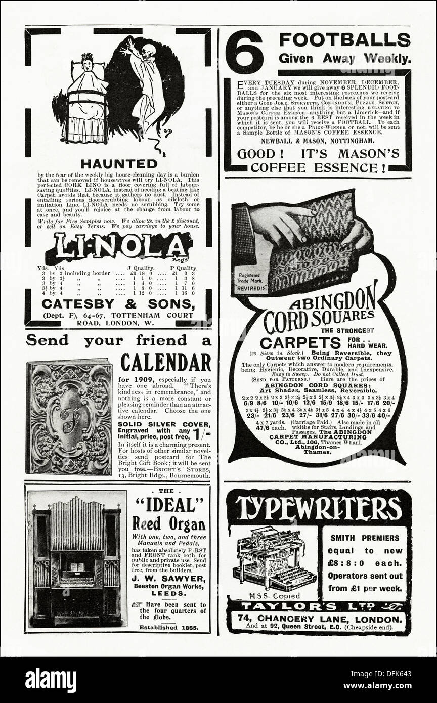 La page des annonces. 1900 Original publicité annonces produits typiques de la période. Annonces Magazine vers 1908 Banque D'Images