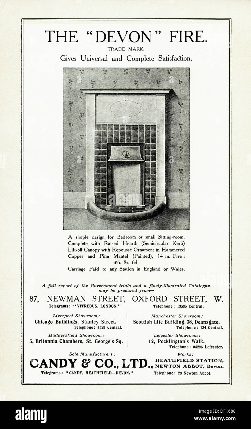 Années 1900 d'origine publicitaire L'INCENDIE DEVON par Candy & Co Ltd. annonce Magazine vers 1908 Banque D'Images