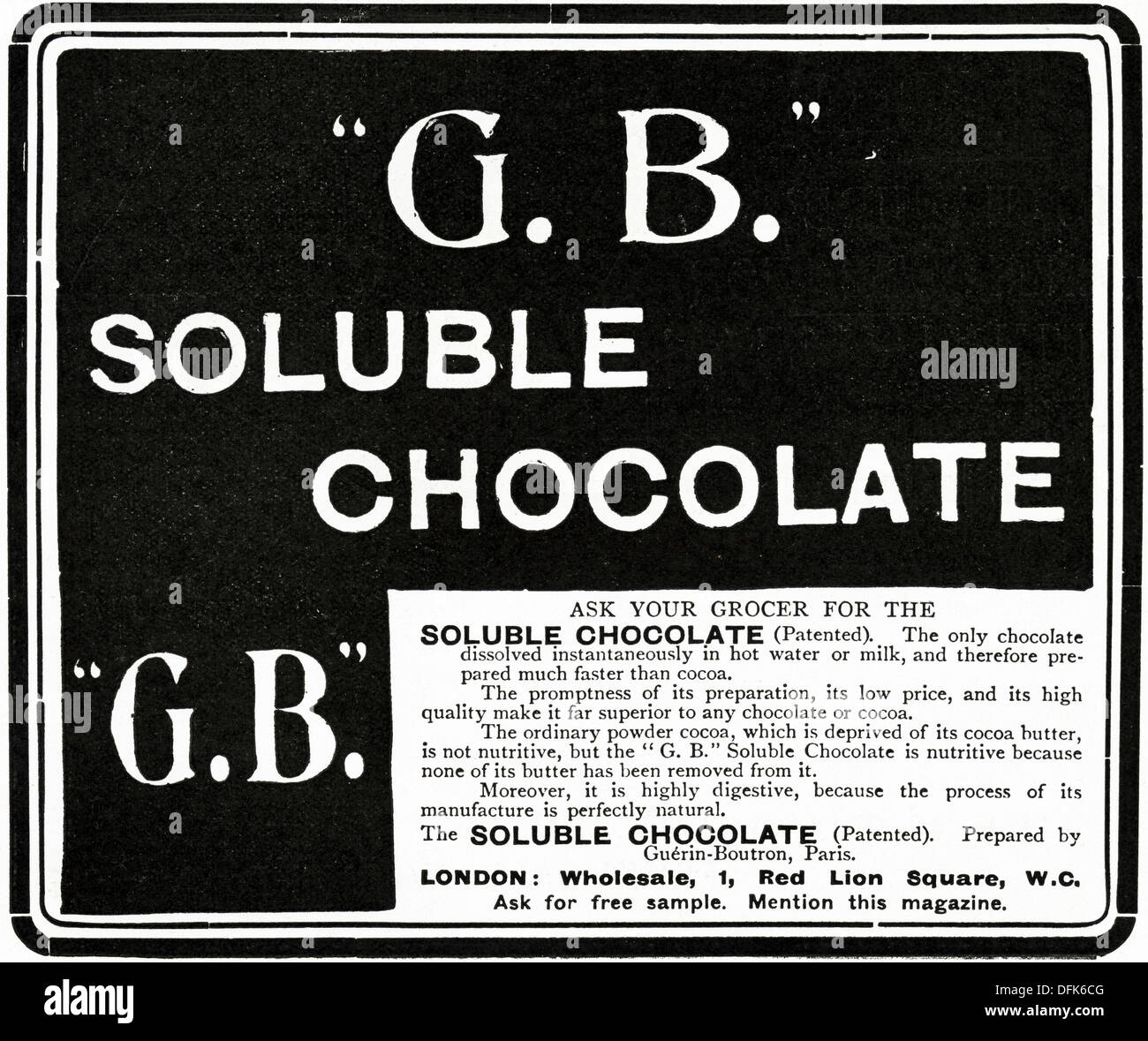 Publicité Publicité des années 1900 d'origine G.B. Chocolat soluble. Annonce magazine vers 1908 Banque D'Images