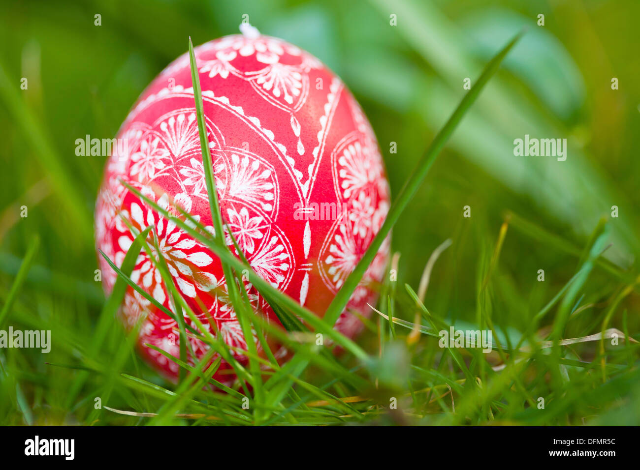 Rouge rayé oeuf de Pâques dans l'herbe, Pâques, printemps Banque D'Images