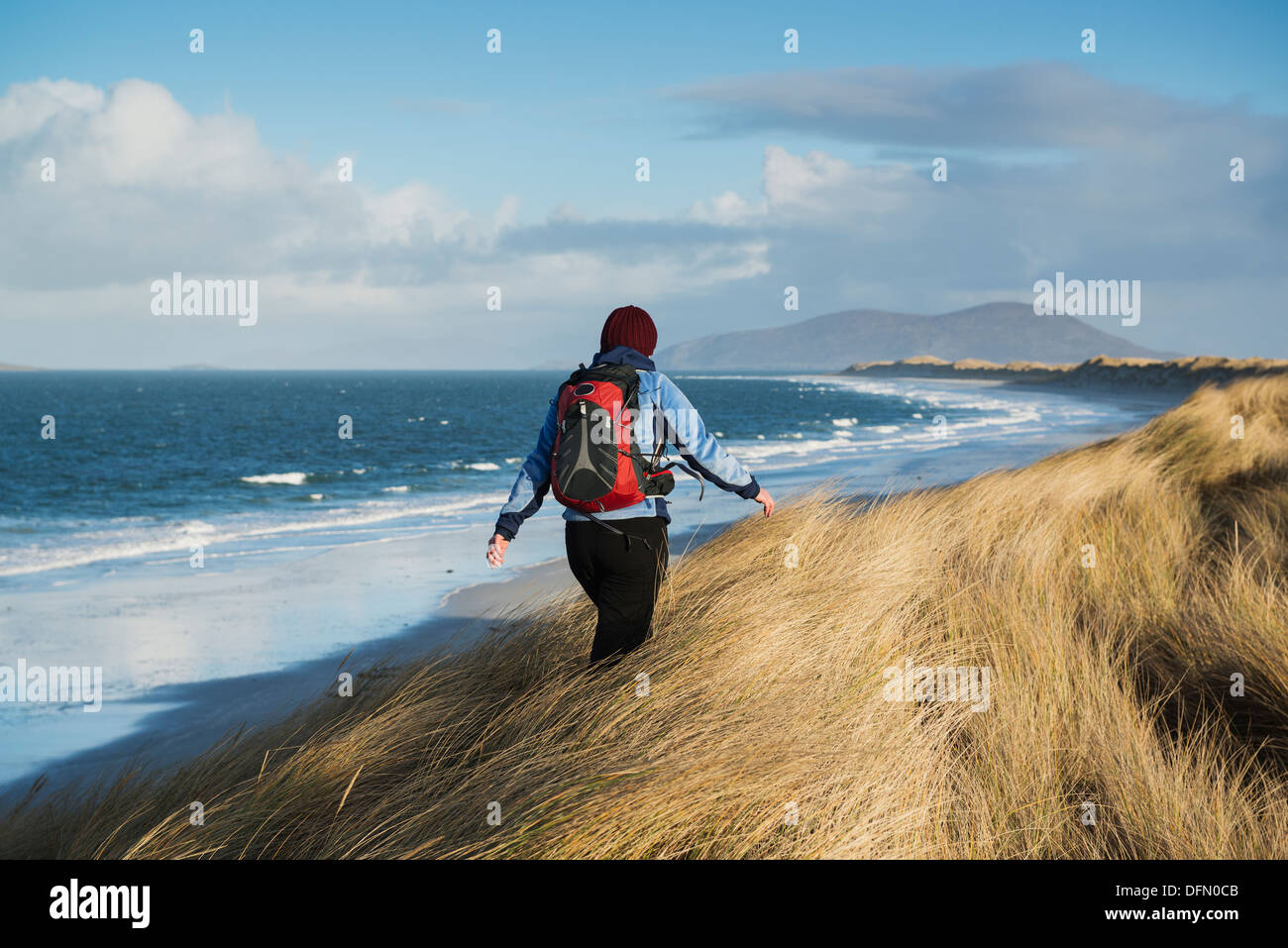 Femme marche dans l'herbe de dunes côtières à West Beach, Berneray, Hébrides extérieures, en Écosse Banque D'Images