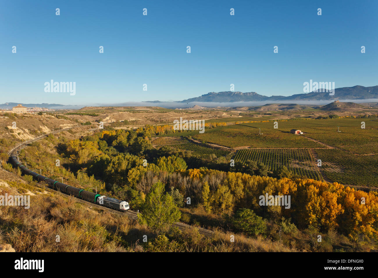 Ligne de chemin de fer le long de la rivière Èbre, Rio Ebro, vignes, près de Haro, automne, La Rioja, dans le Nord de l'Espagne, l'Espagne, Europe Banque D'Images
