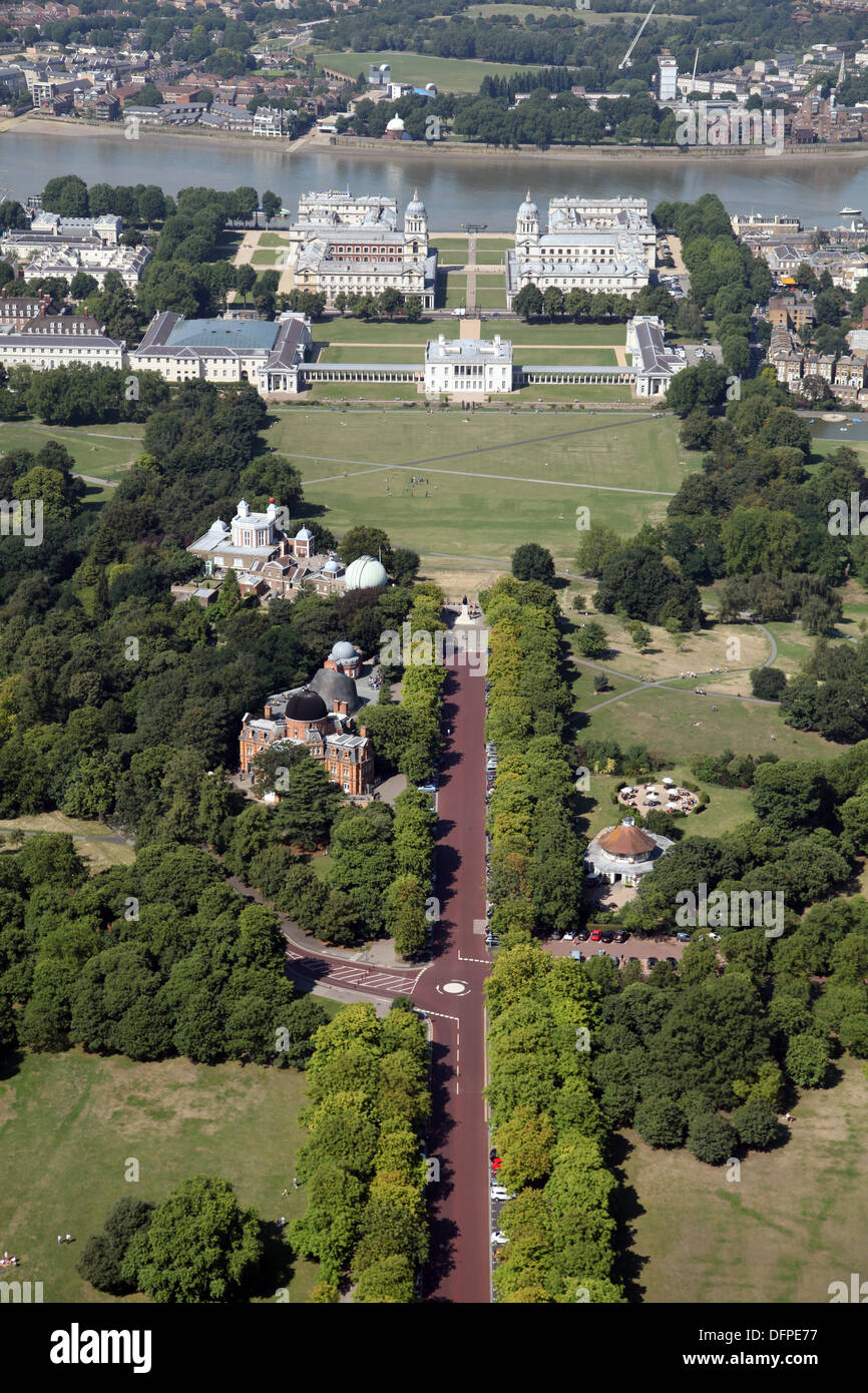 Vue aérienne de Greenwich Park à bas degré 0 le méridien de Greenwich, London international dateline Banque D'Images
