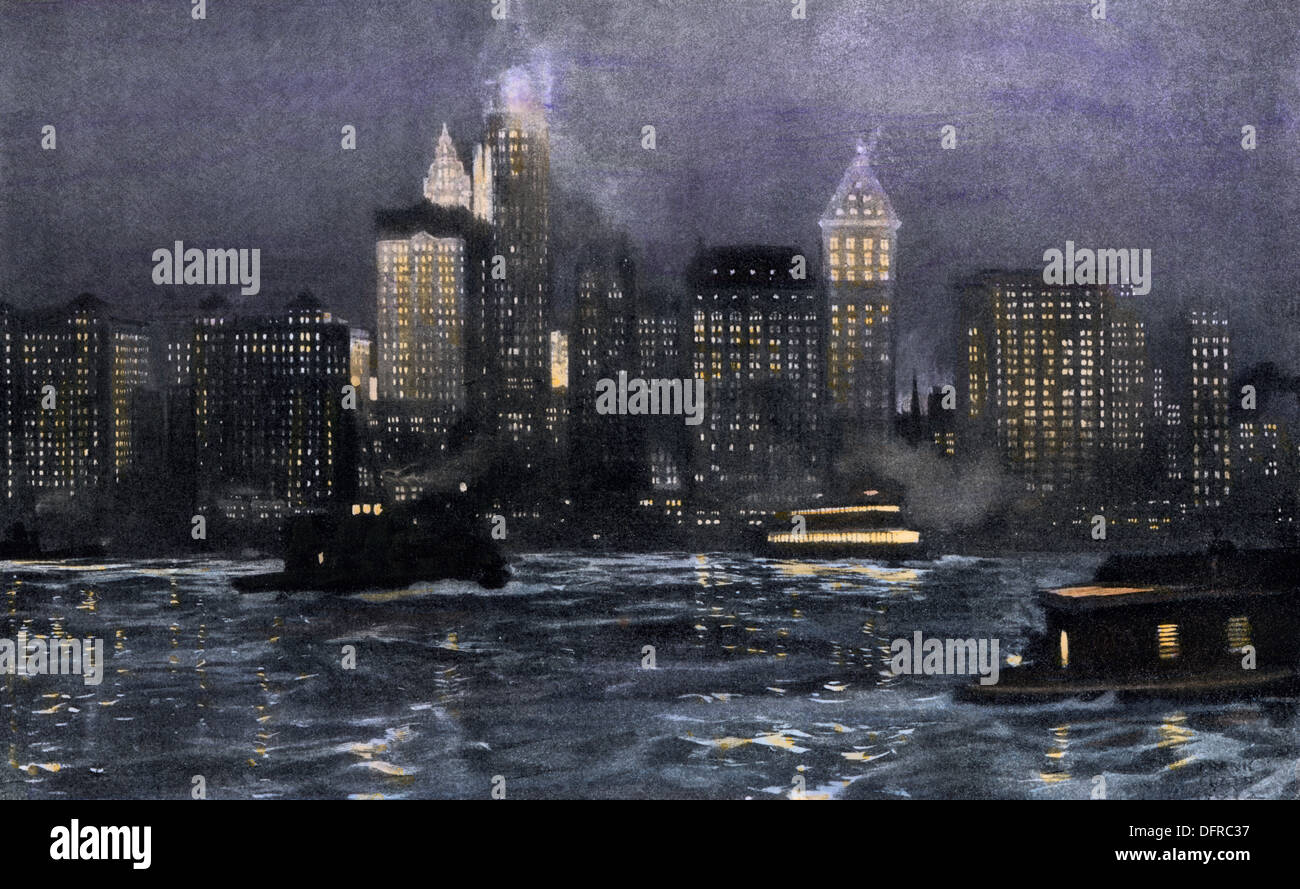 Gratte-ciel de Manhattan de nuit, vers 1910. La main, d'une illustration de demi-teinte Banque D'Images