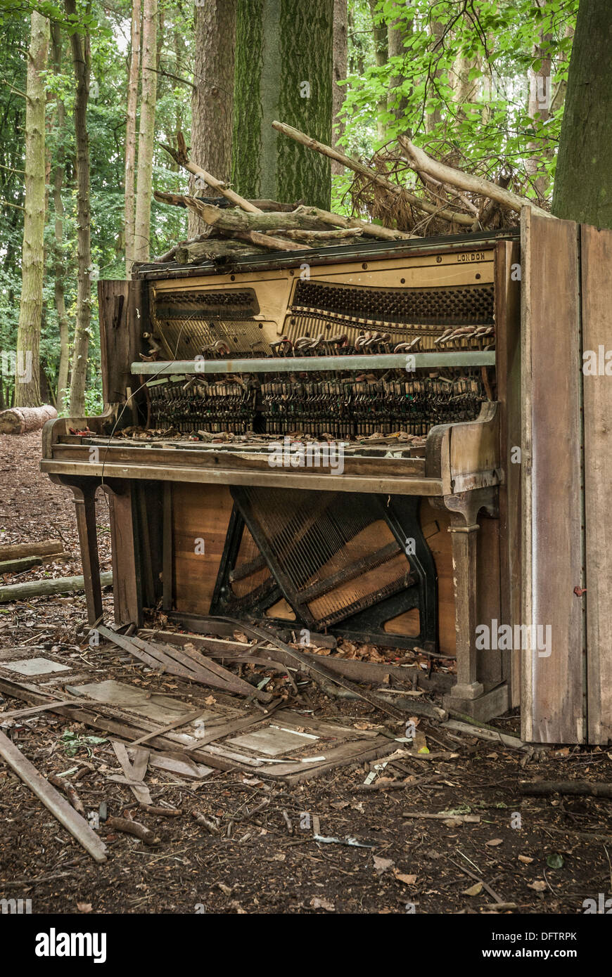 Abandonnée et broken piano laissé dans un bois. Banque D'Images