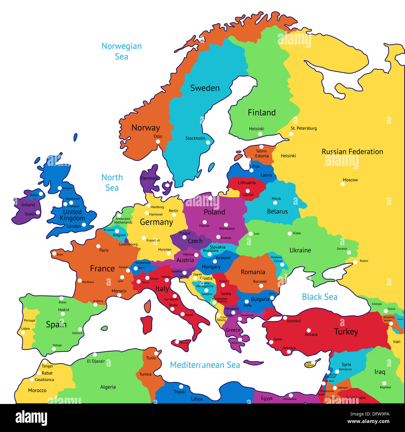 Carte multicolore de l'Europe. Banque D'Images