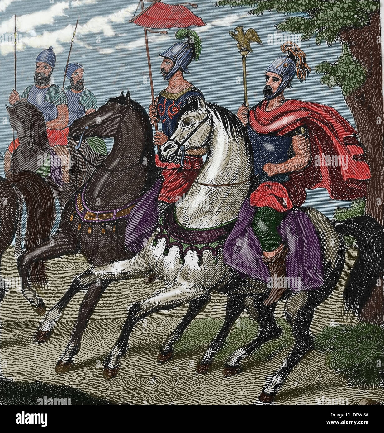 L'Empire romain. Roman porte-drapeaux.gravure de couleur. 19e siècle. Banque D'Images