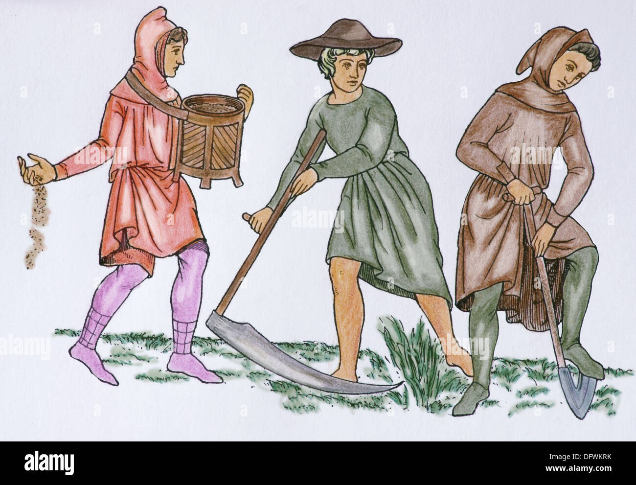 Le féodalisme. Les travailleurs de terrain, C. 1350. L'Europe. Gravure du xixe siècle.. Plus tard la couleur. Banque D'Images