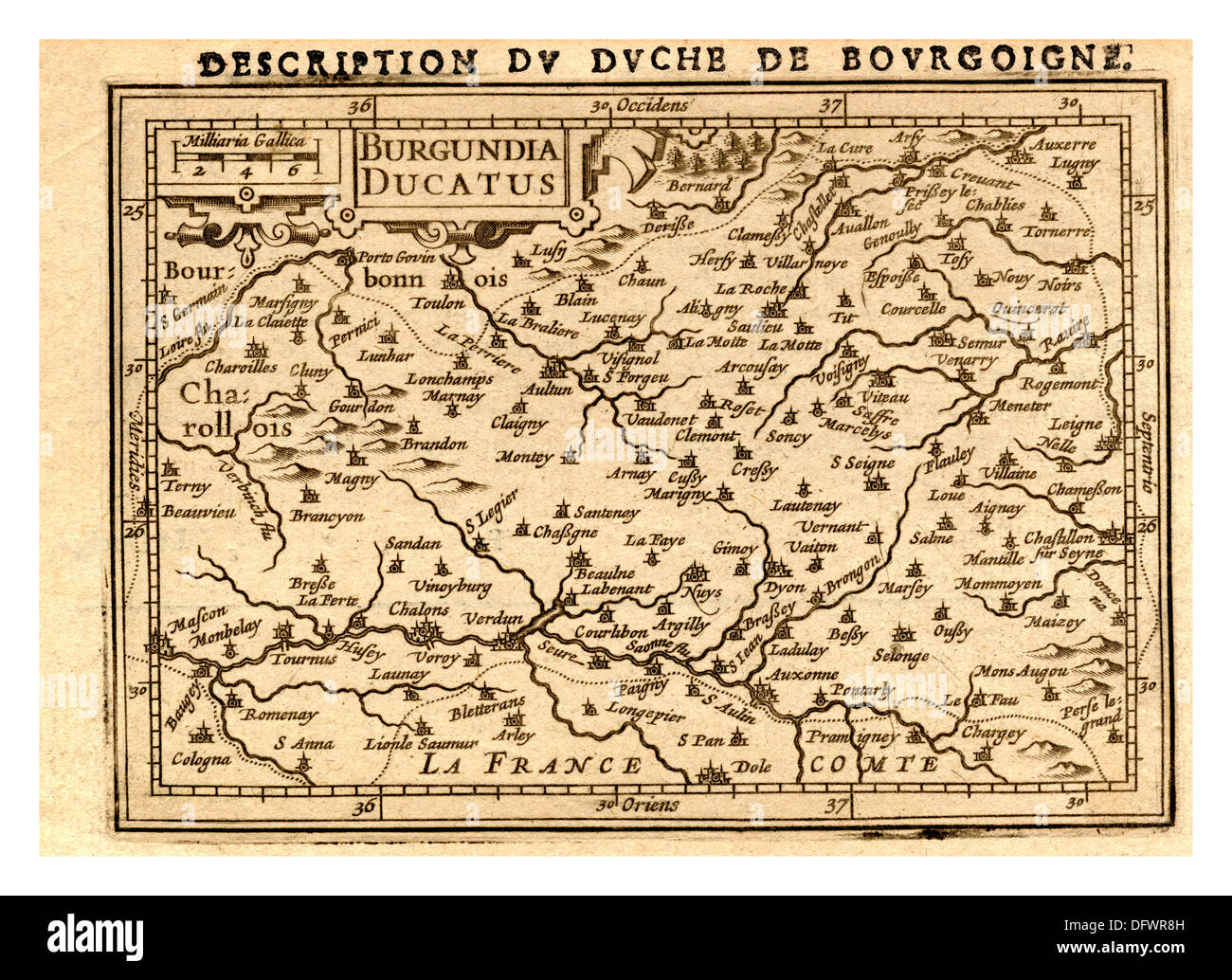 Carte historique du duché de Bourgogne en 1588 par Abrham Ortelius cartographe Belge Banque D'Images