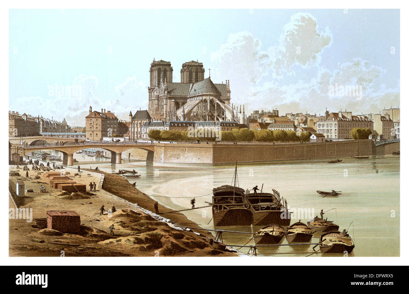 NOTRE DAME VINTAGE ILLUSTRATION HISTORIQUE Isle de Paris avec la cathédrale Notre Dame 1800 illustration Paris France Banque D'Images