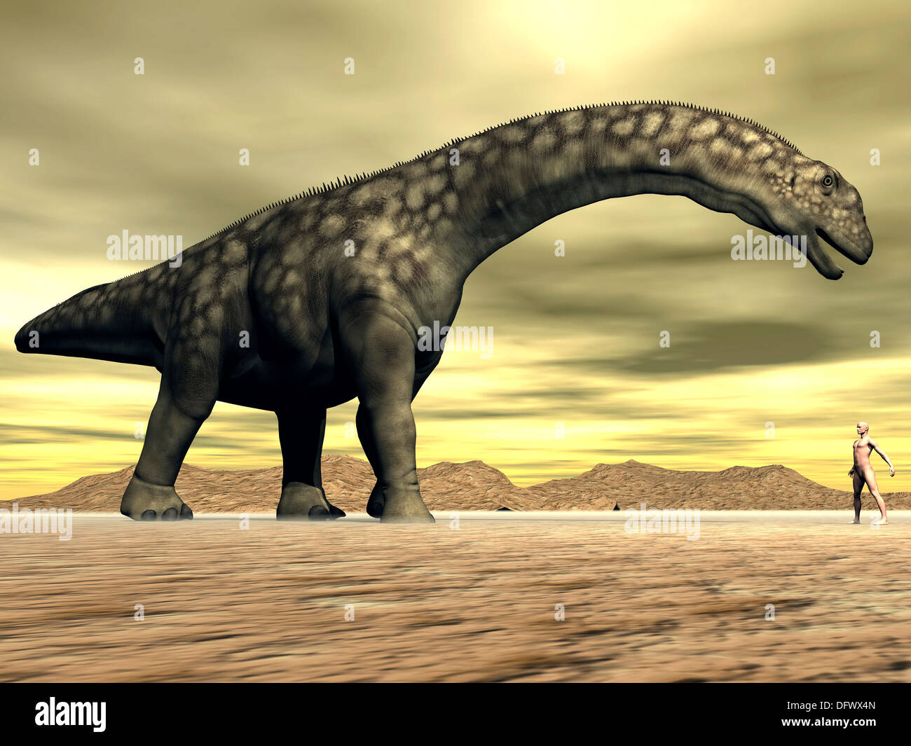 Grand Dinosaure Argentinosaurus face à face avec un humain dans le désert. Banque D'Images