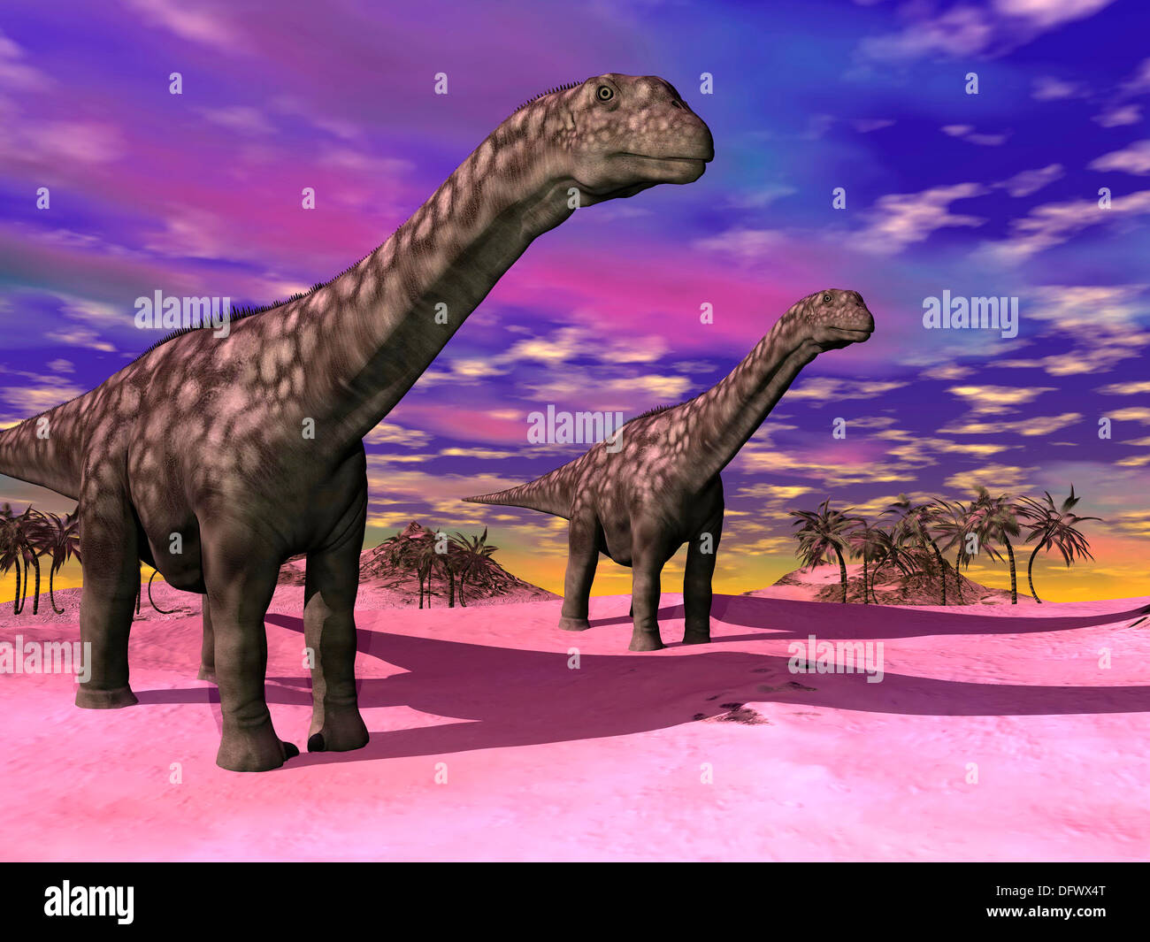 L'Argentinosaurus deux dinosaures dans un paysage préhistorique avec ciel coloré. Banque D'Images