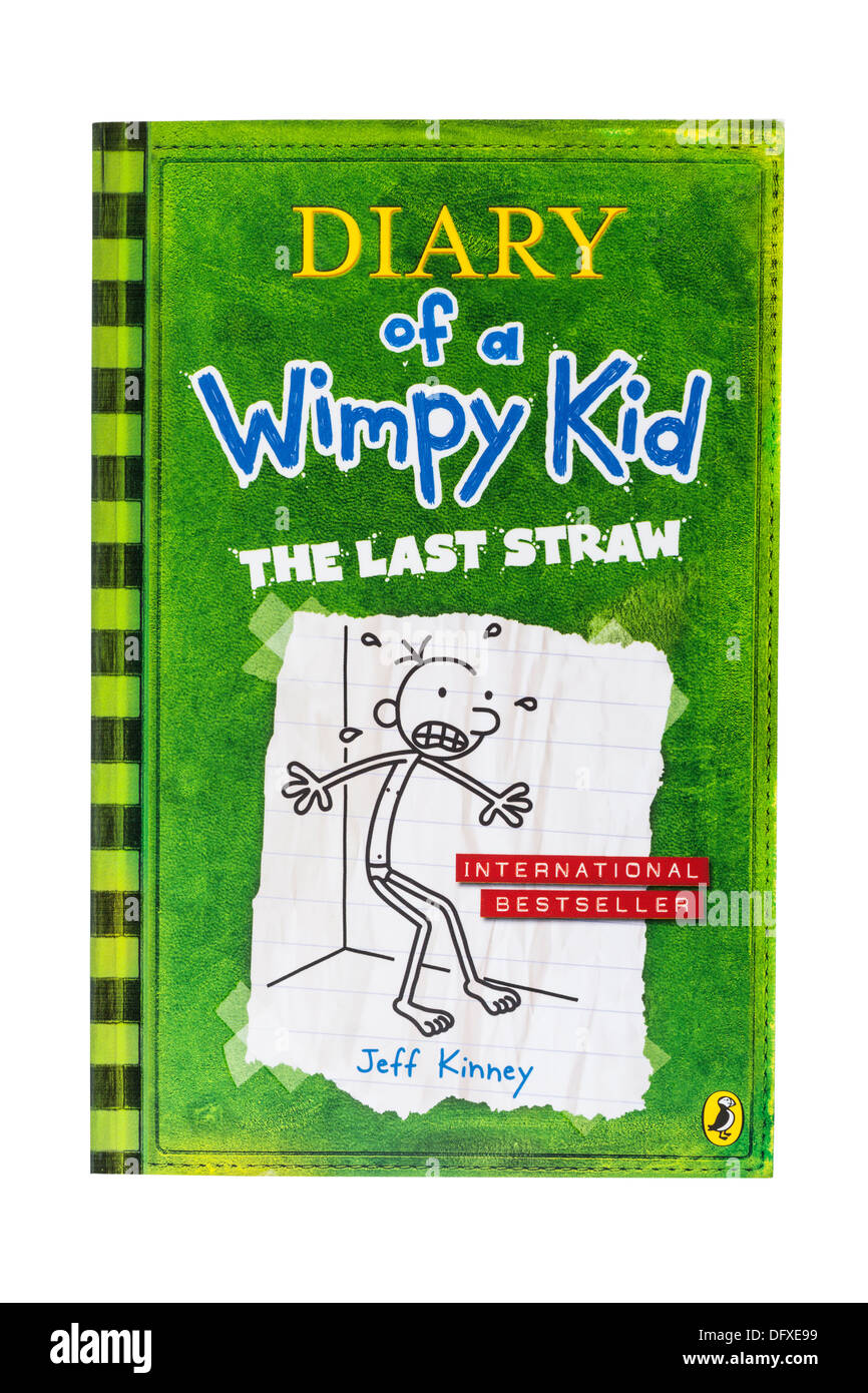 Un livre pour enfants appelé Jeff kinney Journal d'un enfant Wimpy La dernière paille sur fond blanc Banque D'Images