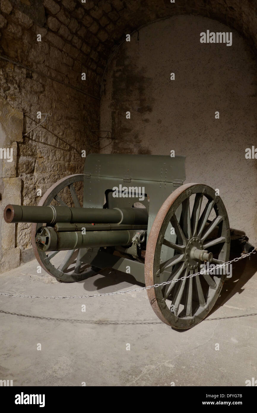 Fédération de Première Guerre mondiale, un canon de campagne 76,2 mm modèle 1902 canon divisionnaire, fort de la Pompelle / LA PREMIÈRE GUERRE MONDIALE, le Fort Herbillon, Marne, France Banque D'Images