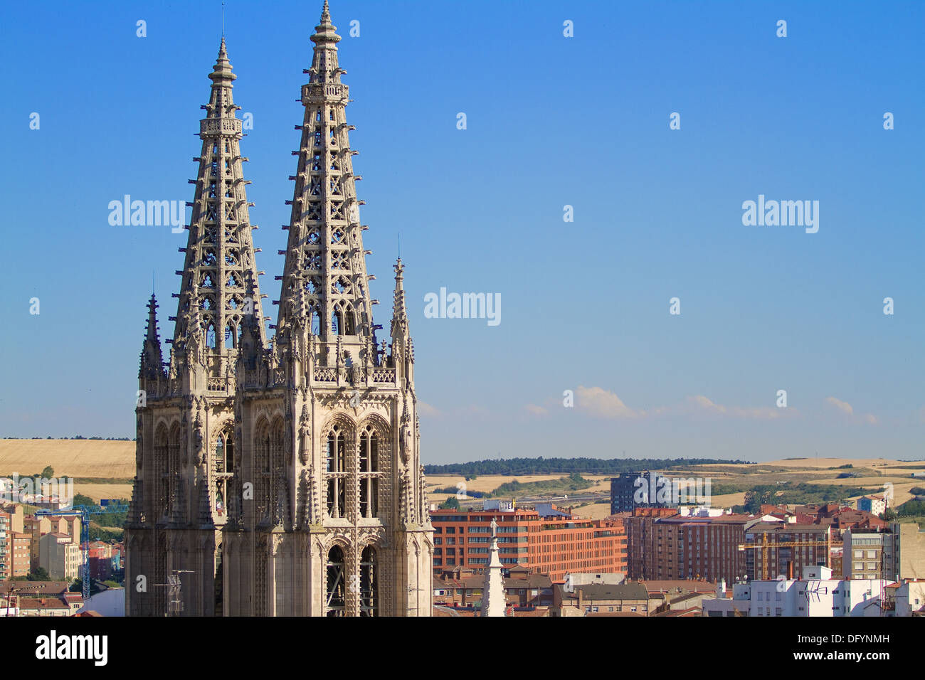 Pinacles gothiques des tours de la face nord de la cathédrale de Burgos, Burgos, Castille et Leon. Espagne Banque D'Images