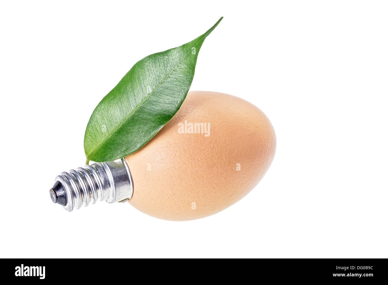 Ampoule d'hybrides surréalistes et d'oeufs isolé sur blanc comme concept de l'énergie écologique Banque D'Images