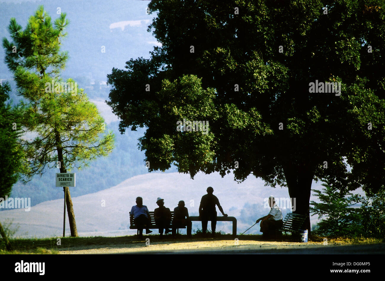 Casole d'Elsa, Toscane, Italie. 1986 Old men s'asseoir sur un banc à l'ombre de l'arbre et s'engager dans une conversation, Casole d'Elsa, Toscane, Banque D'Images