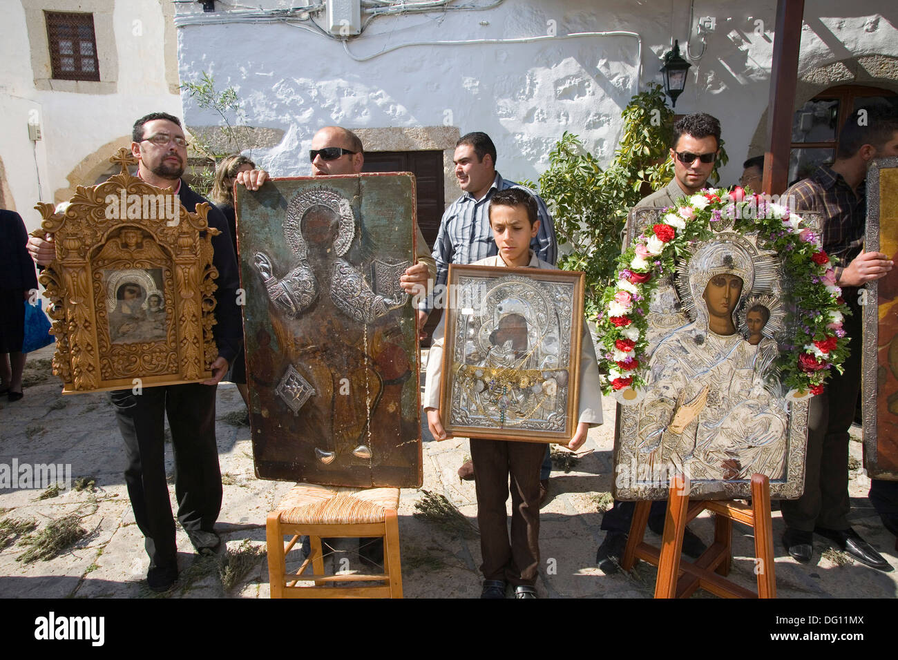 L'Europe, Grèce, îles du Dodécanèse, l'île de Patmos, chora, temps de Pâques orthodoxe, procession des icônes Banque D'Images