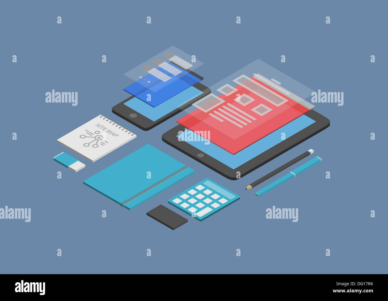 Modèle plat vector illustration isométrique concept de mobile web design et développement d'une interface utilisateur sur les appareils modernes. Banque D'Images