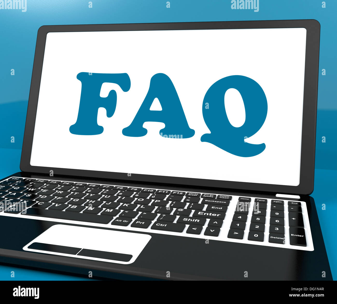 Faq sur l'ordinateur portable montrant Solution et Foire aux questions en ligne Banque D'Images