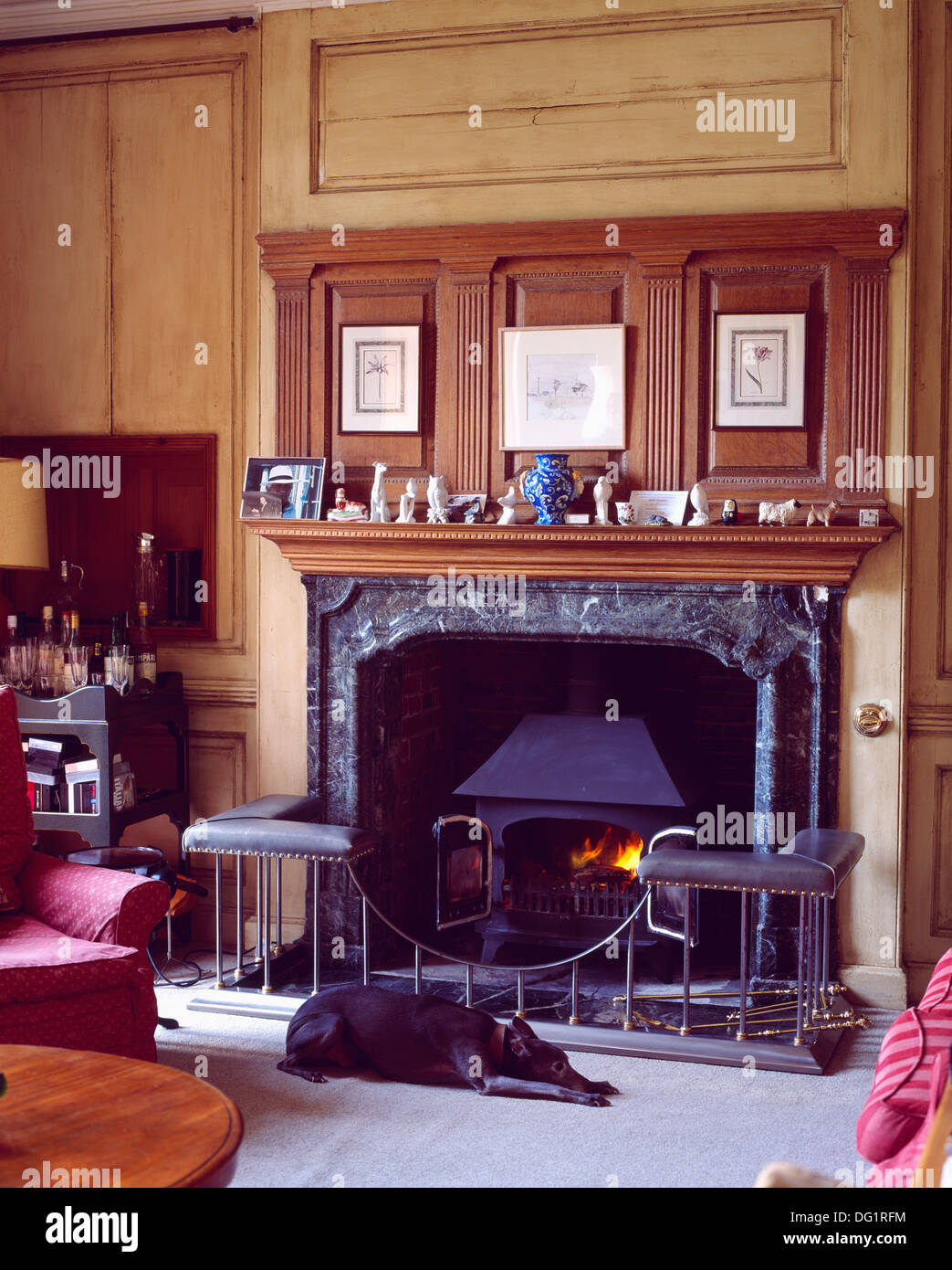 Chien allongé en face de poêle à bois dans la cheminée de marbre dans l'aile en bois traditionnels club salon lambrissé Banque D'Images