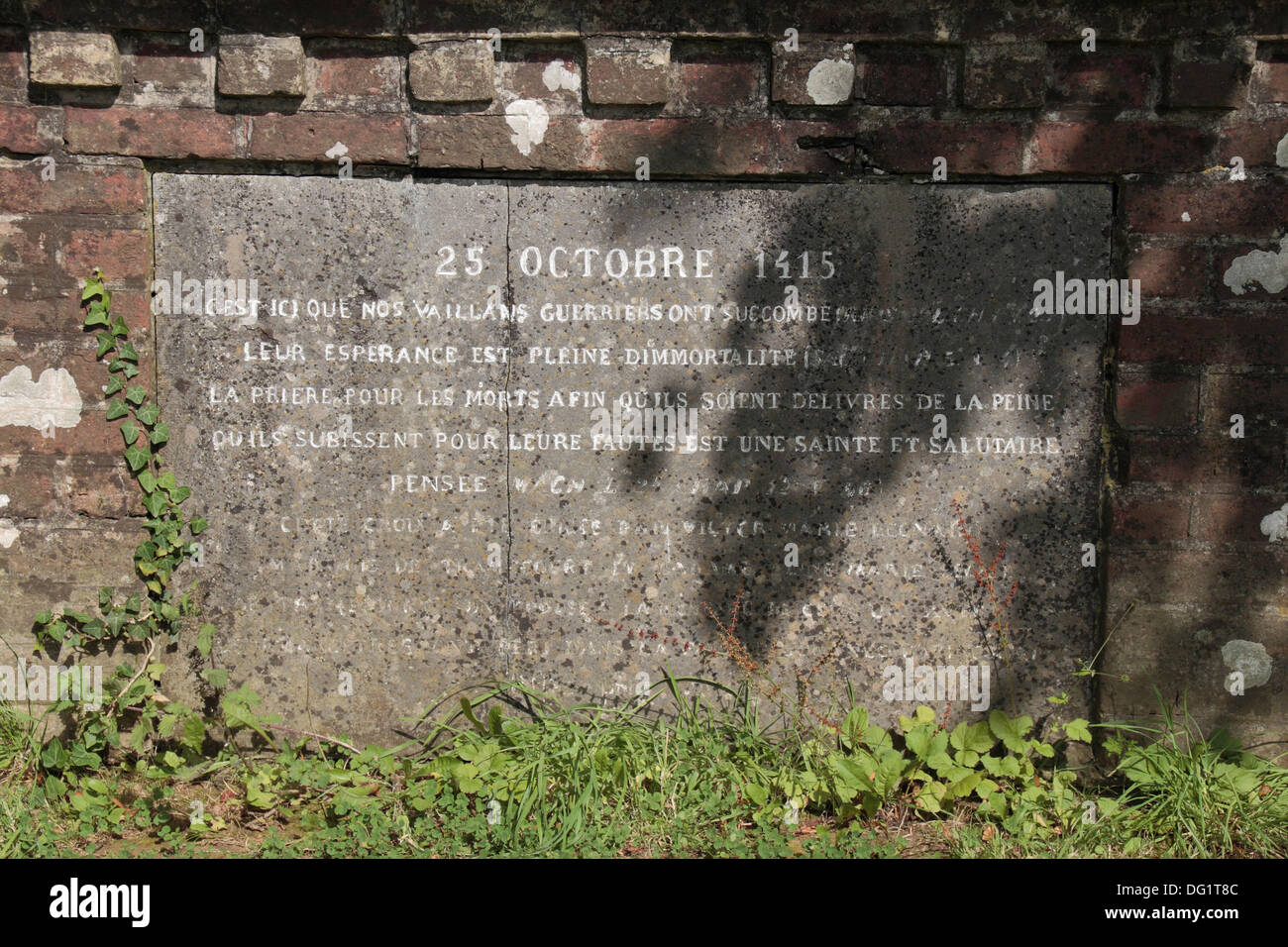 Sous la plaque de la Croix du Souvenir dans le bosquet d'arbres (charnier) site pour beaucoup de Français victimes de la bataille d'Azincourt, 1415 Banque D'Images