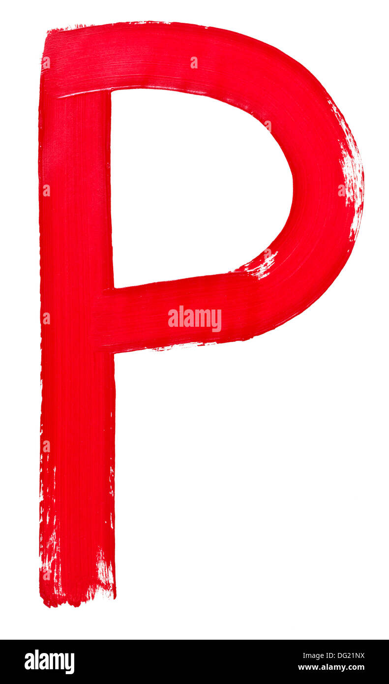 Lettre capitale p main peinte par pinceau rouge sur fond blanc Banque D'Images