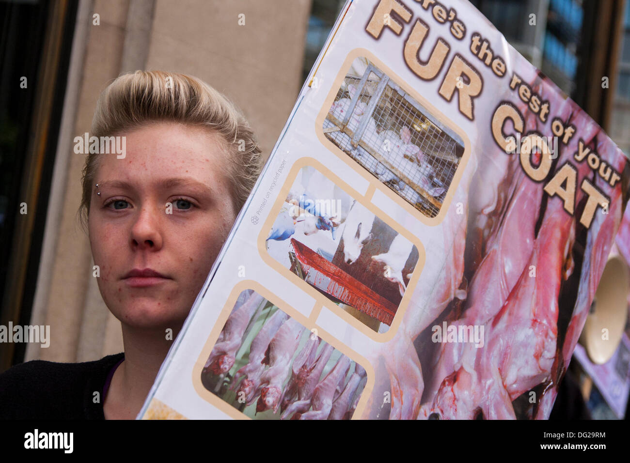 Londres, Royaume-Uni. 12 octobre, 2013. Coalition pour l'abolition de la traite des fourrures protestataires manifester devant le grand magasin Harvey Nichols à Londres, où les produits sont encore vendus. Crédit : Paul Davey/Alamy Live News Banque D'Images