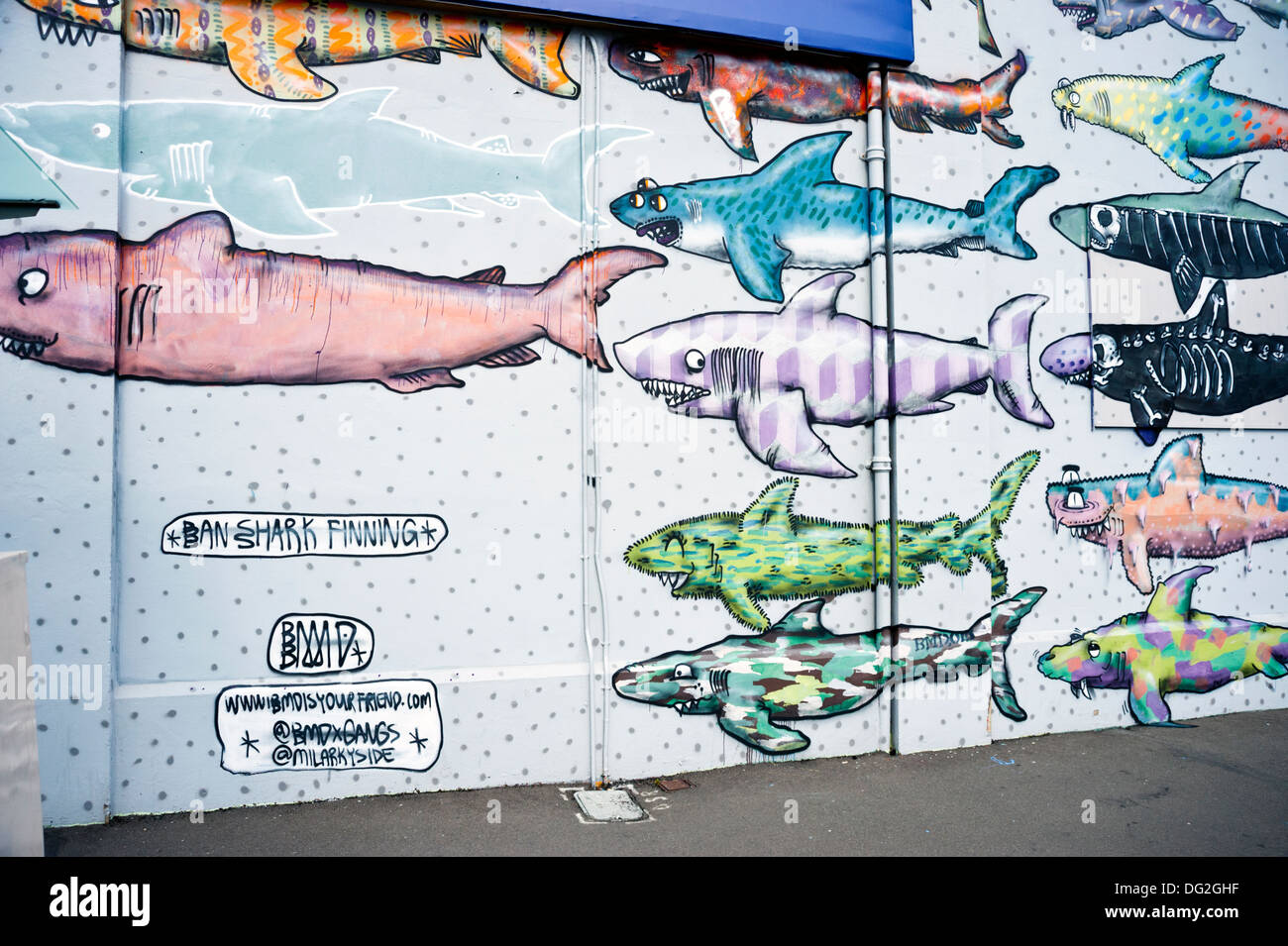 Cable Street, Wellington, Île du Nord, en Nouvelle-Zélande. Une murale de 190 peintures dessins animés de sensibilisation de l'assassinat de requins pour leurs ailerons. Banque D'Images