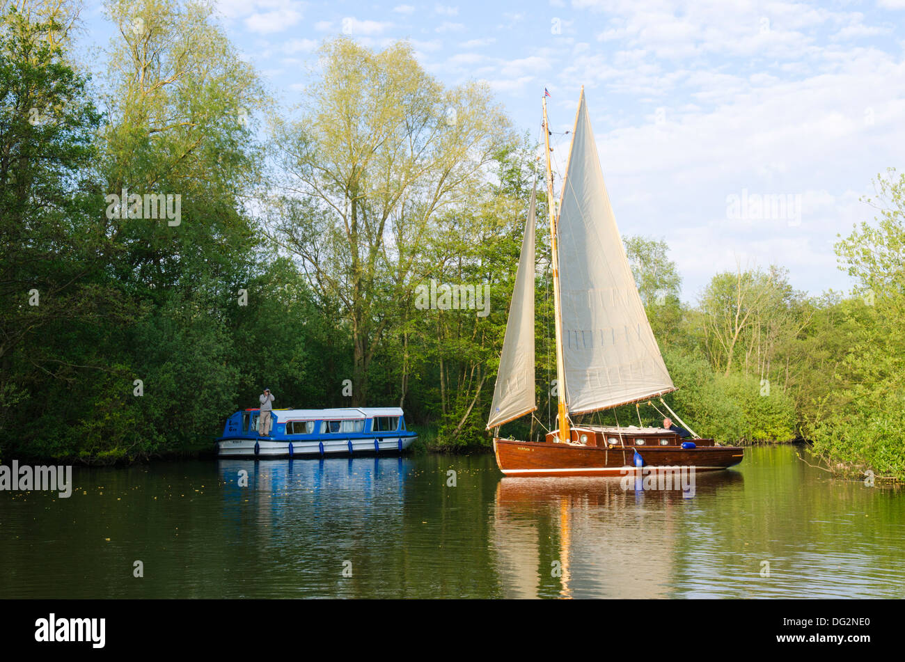 Yacht de voile sur la rivière Bure, Norfolk Broads, en Angleterre, au cours de la lancer péniche amarrée sous les arbres. Banque D'Images